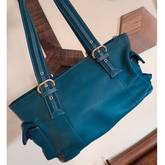 Leather 100% Nylon Trim The Sak Teal Blue Gold Shoulder Bag Medium - Picture 4 of 9